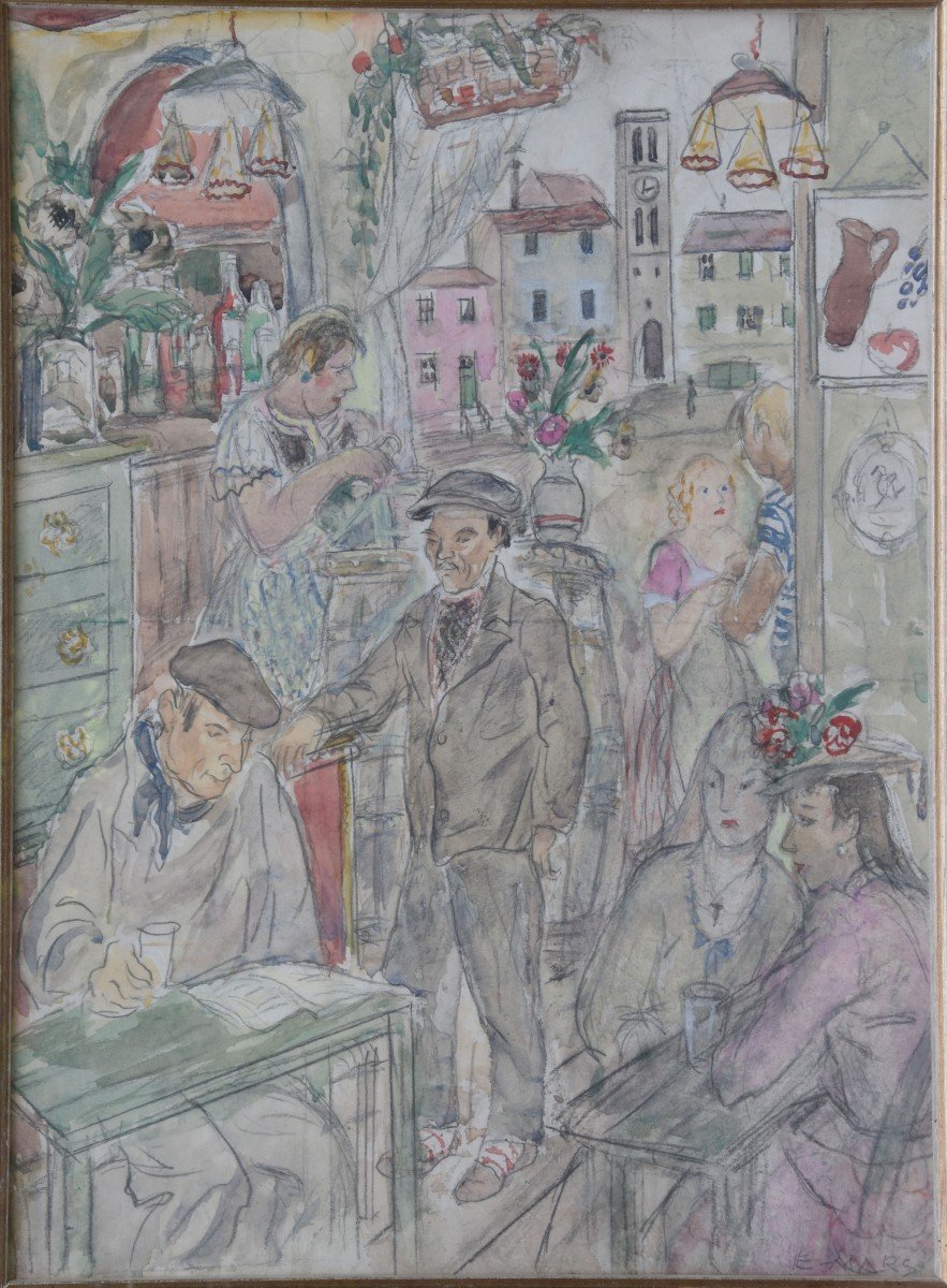 Ethel Mars "cafe Scene" Watercolor Gouache 38x30-photo-4